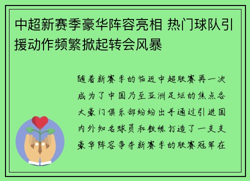 中超新赛季豪华阵容亮相 热门球队引援动作频繁掀起转会风暴