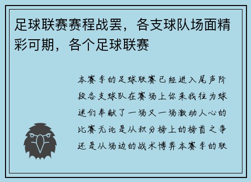 足球联赛赛程战罢，各支球队场面精彩可期，各个足球联赛